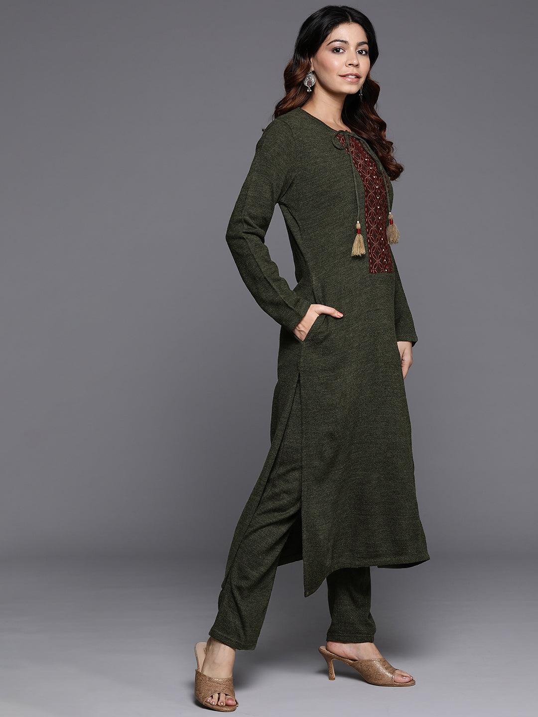 Olive Yoke Design Wool Straight Kurta Set - Libas