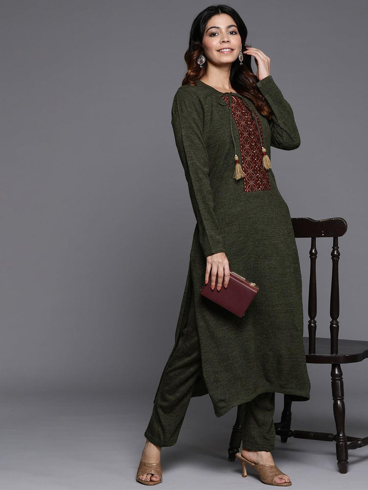 Olive Yoke Design Wool Straight Kurta Set - Libas