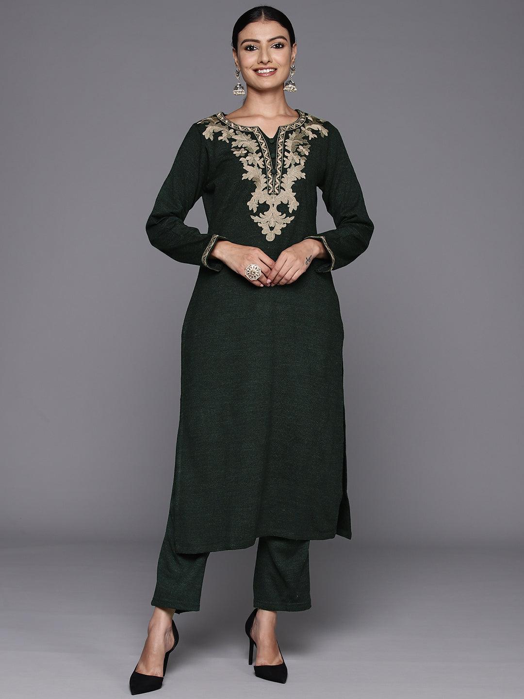 Green Yoke Design Wool Straight Kurta With Trousers - Libas