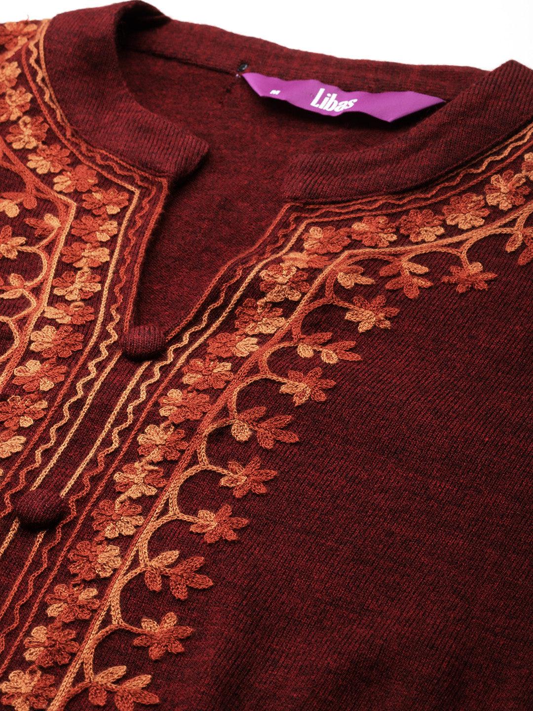 Maroon Embroidered Wool Straight Kurta Set - Libas