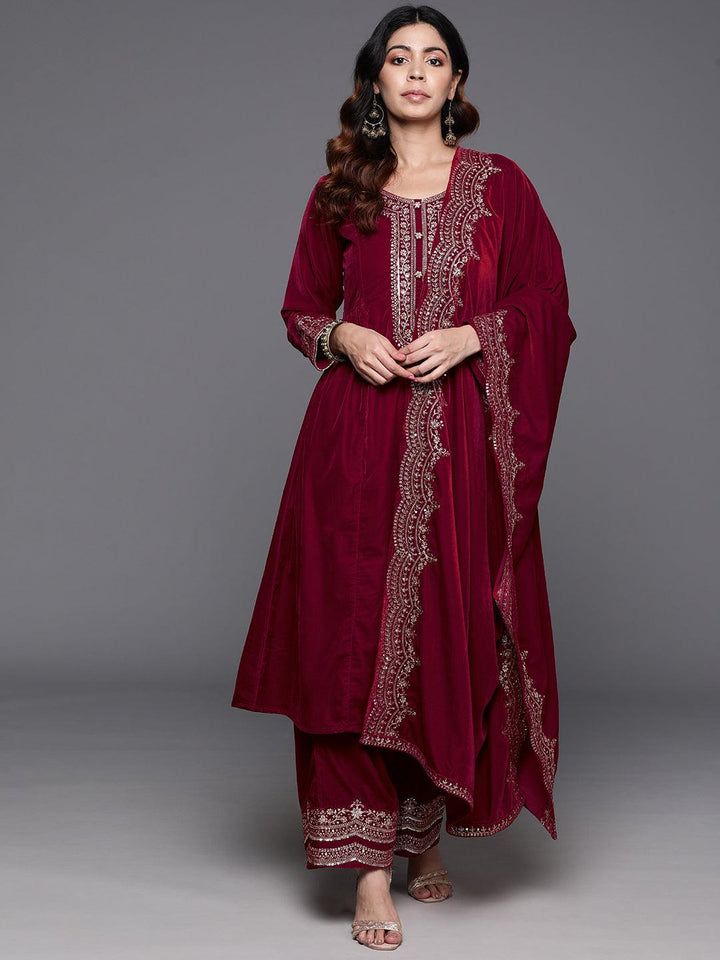 Red Yoke Design Velvet A-Line Kurta With Palazzos & Dupatta - Libas