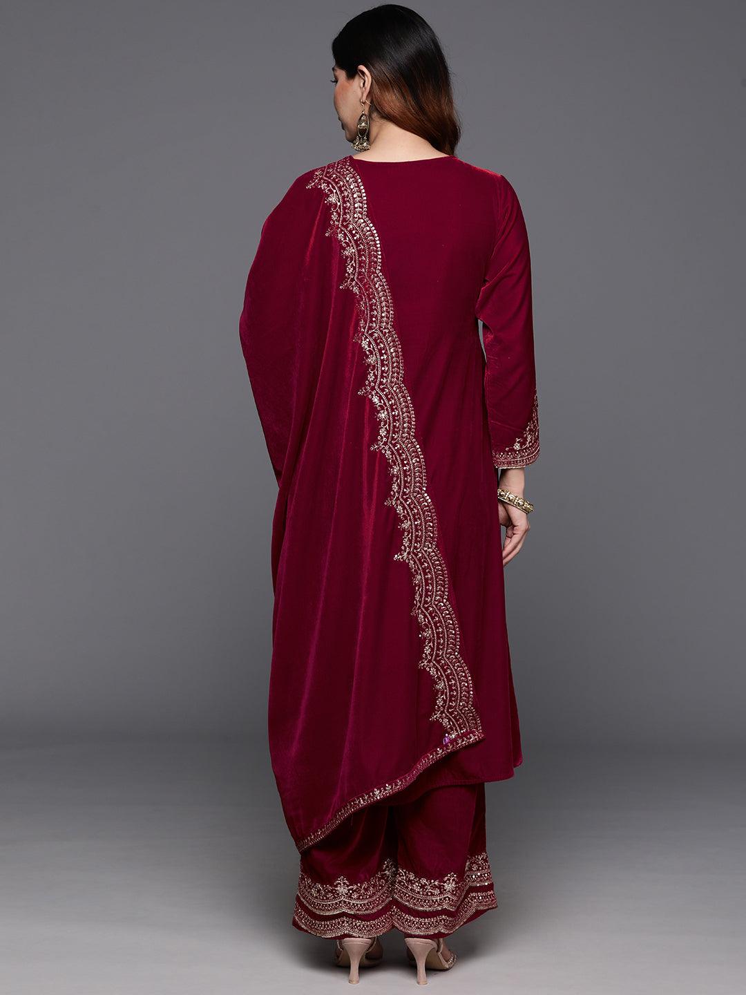 Red Yoke Design Velvet A-Line Kurta With Palazzos & Dupatta - Libas