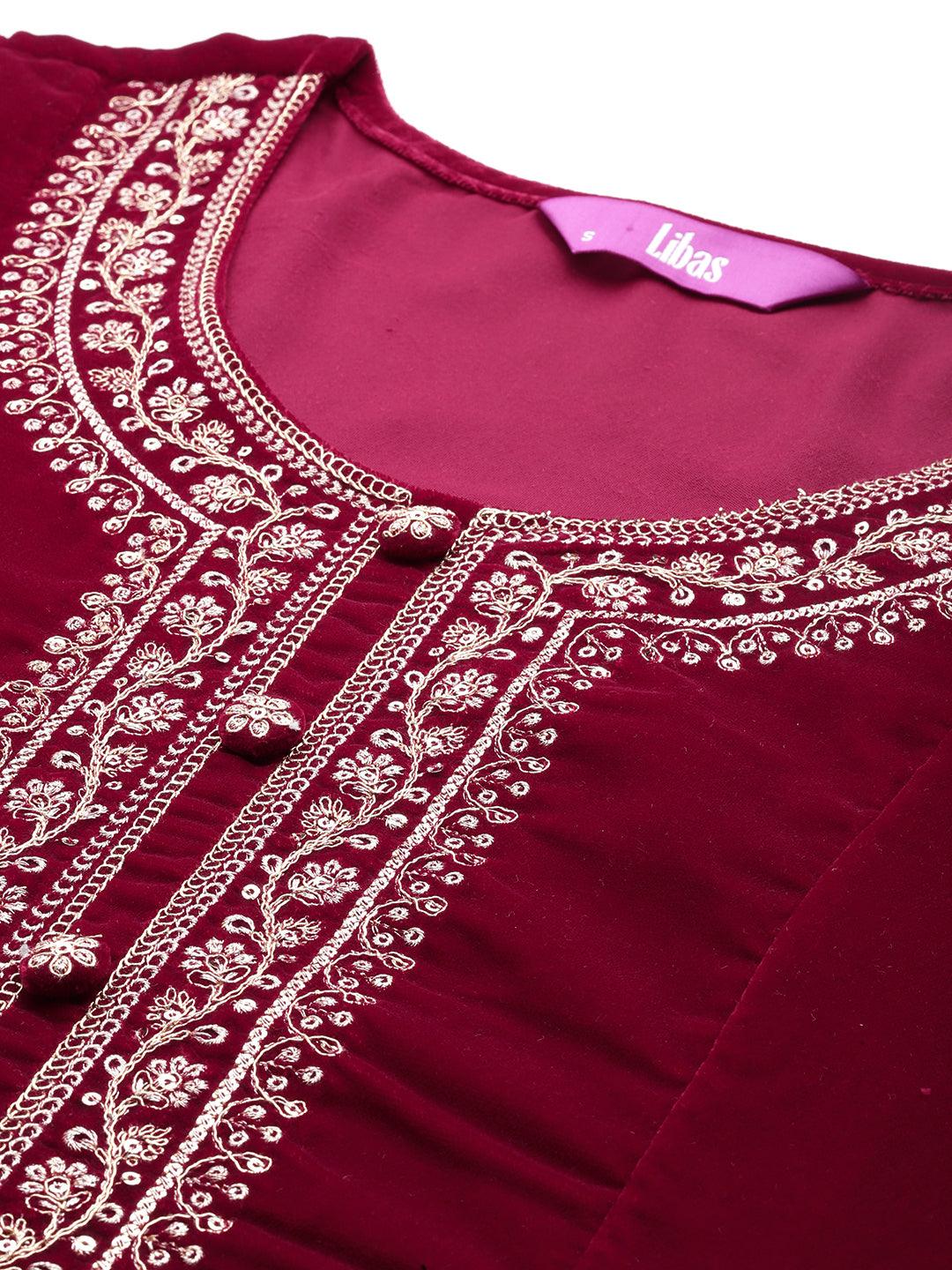 Red Yoke Design Velvet A-Line Kurta With Palazzos & Dupatta - Libas