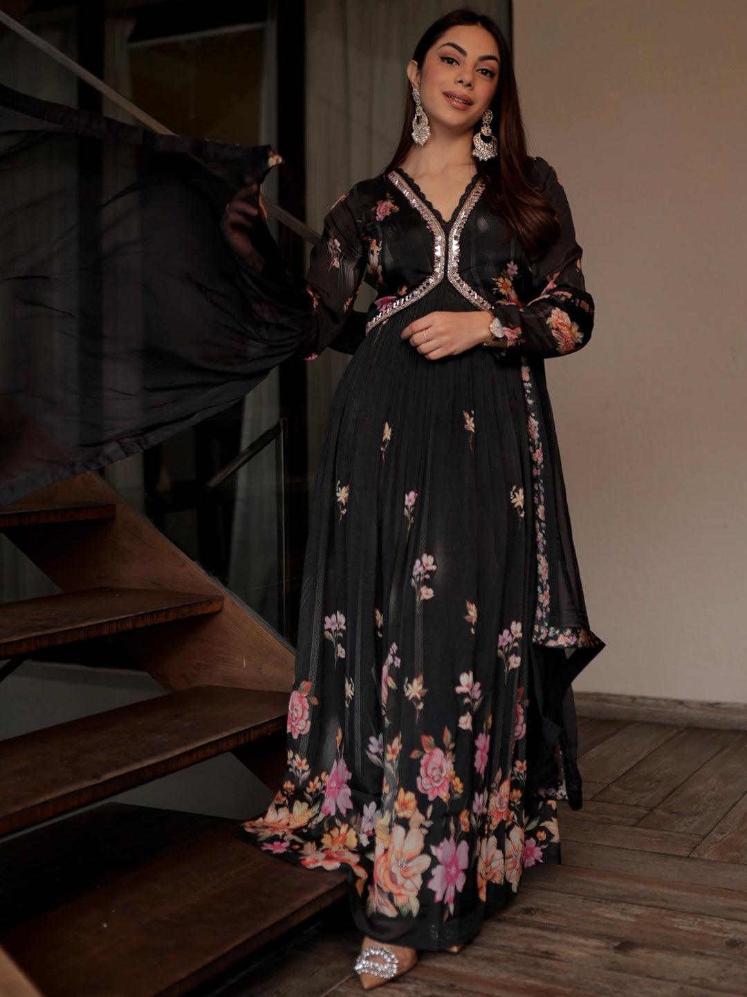 Libas Art Black Printed Silk Anarkali Suit With Dupatta - Libas