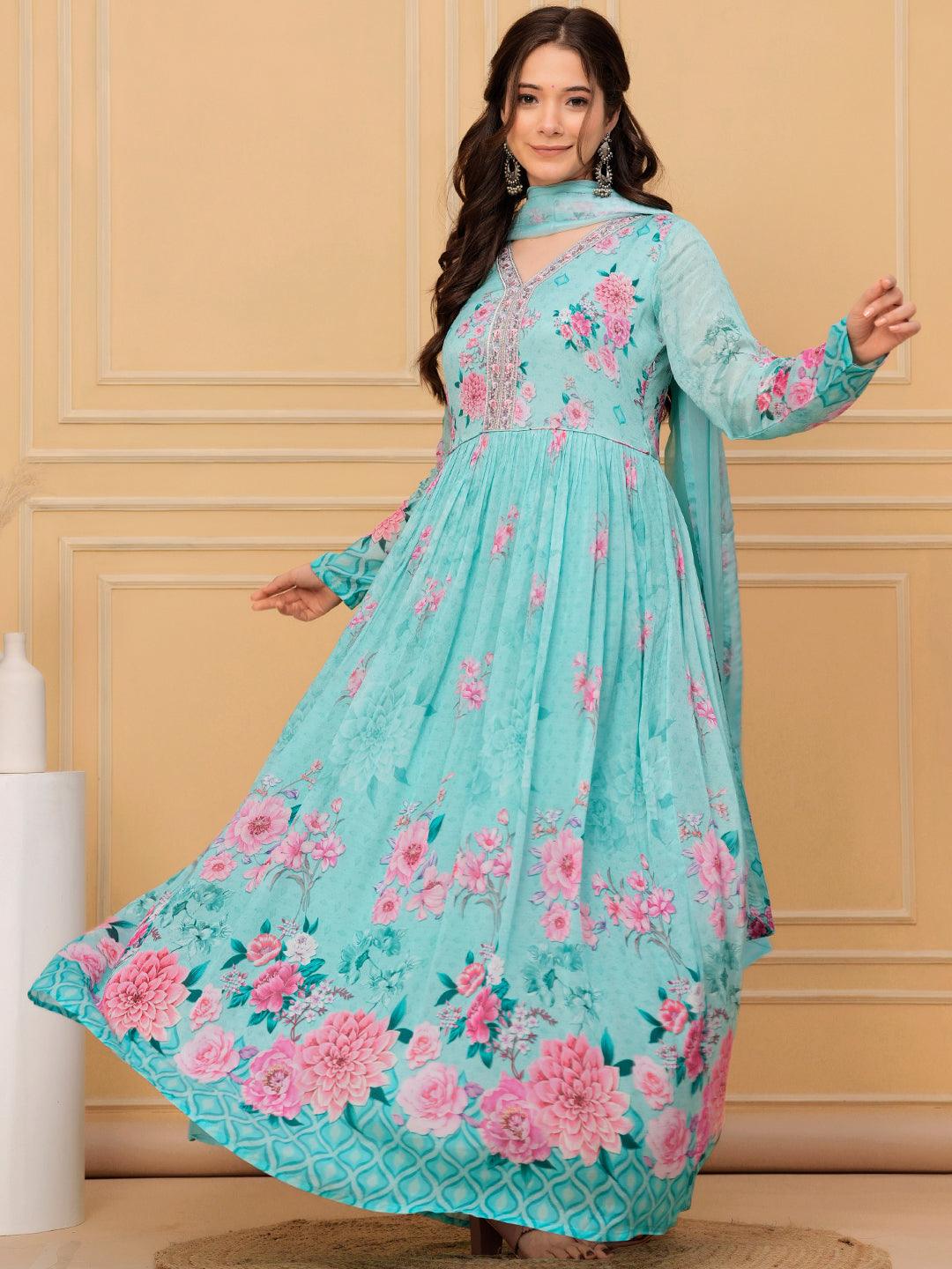 Libas Art Sea Green Printed Silk Chiffon Anarkali Kurta With Trousers & Dupatta - Libas