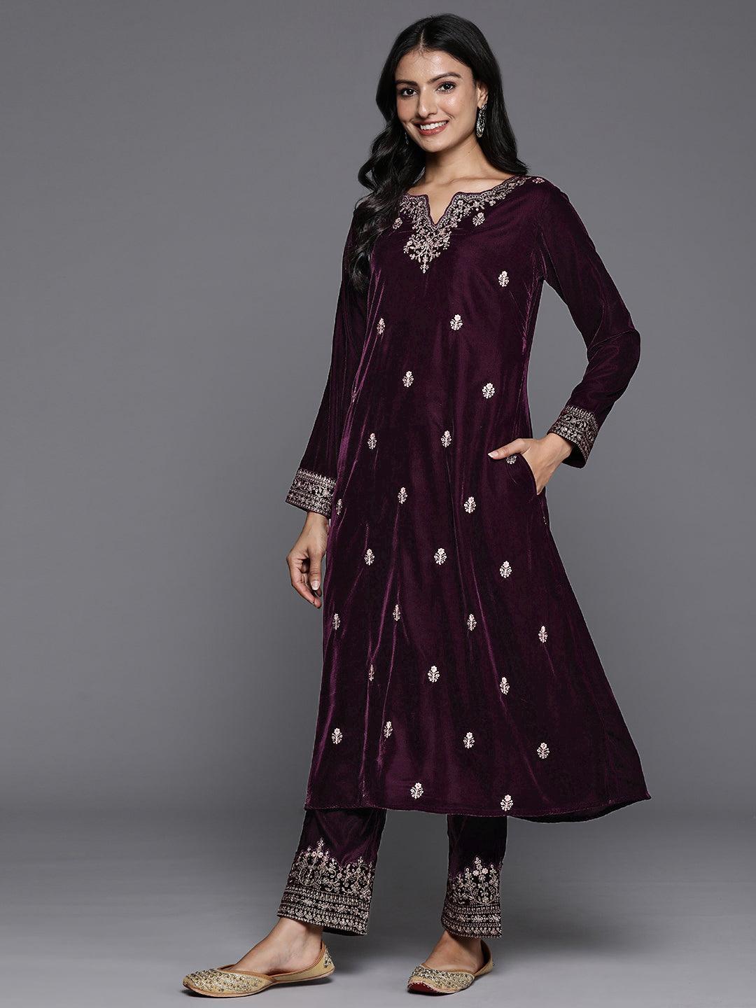 Purple Embroidered Velvet A-Line Kurta With Trousers & Dupatta - Libas