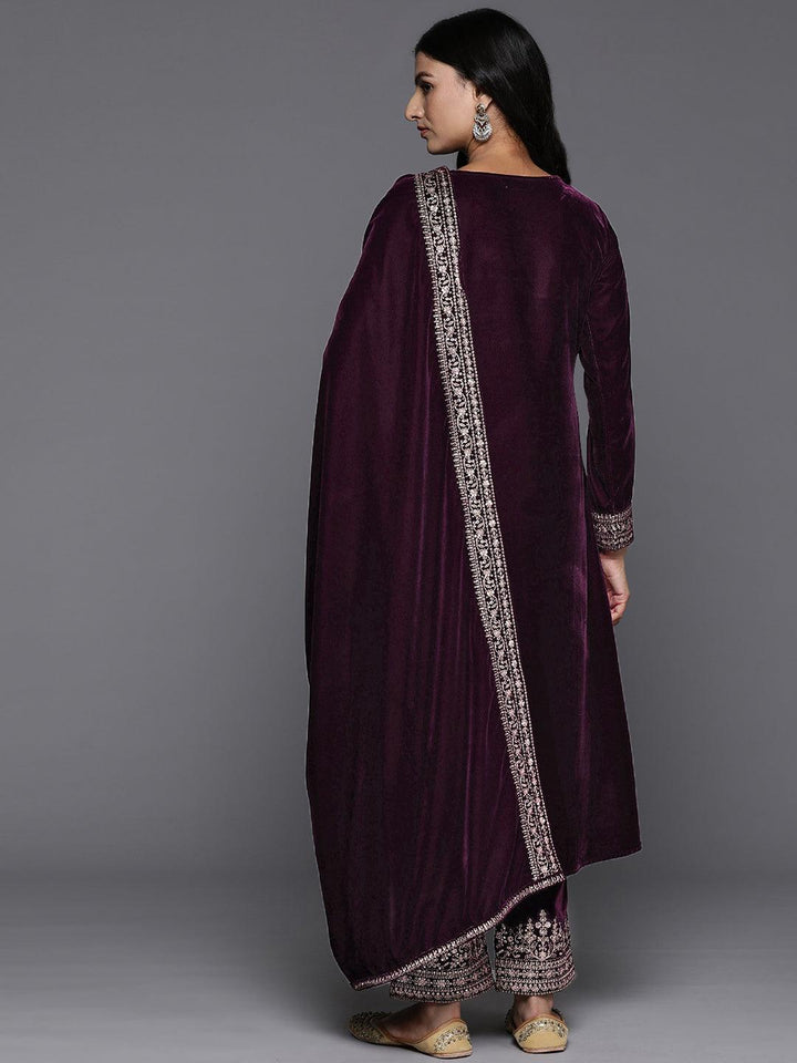 Purple Embroidered Velvet A-Line Kurta With Trousers & Dupatta - Libas