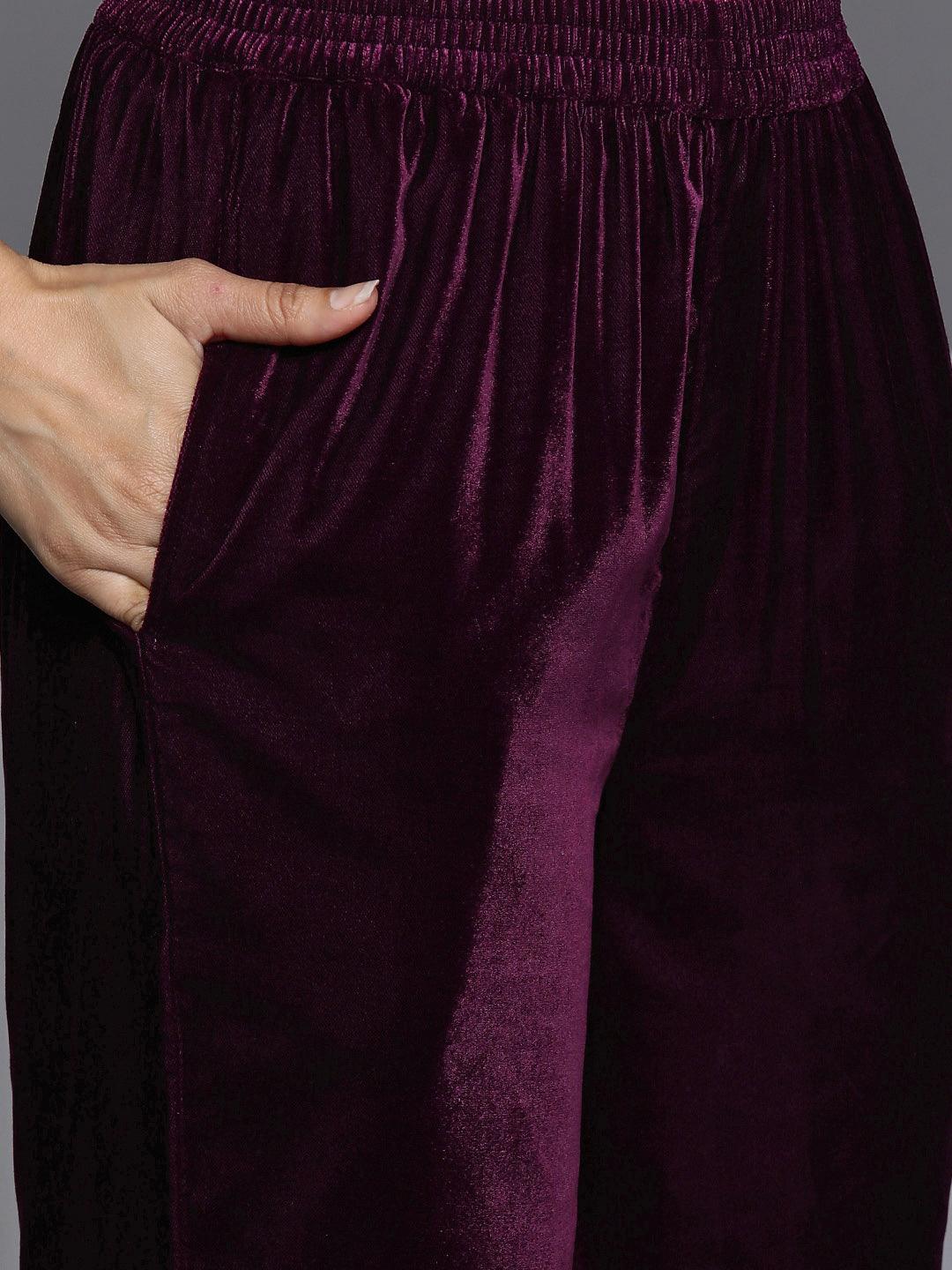 Purple Embroidered Velvet A-Line Kurta With Trousers & Dupatta - Libas