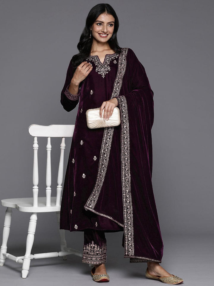 Purple Embroidered Velvet A-Line Kurta With Trousers & Dupatta - Libas