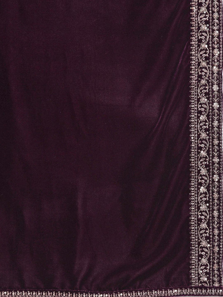 Purple Embroidered Velvet A-Line Kurta With Trousers & Dupatta - Libas