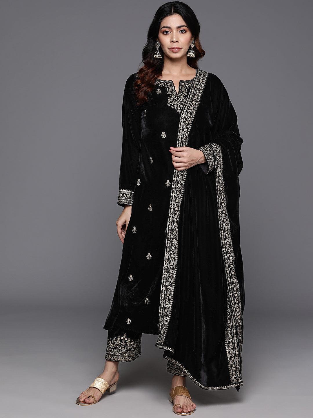 Black Embroidered Velvet A-line Kurta With Trousers & Dupatta - Libas