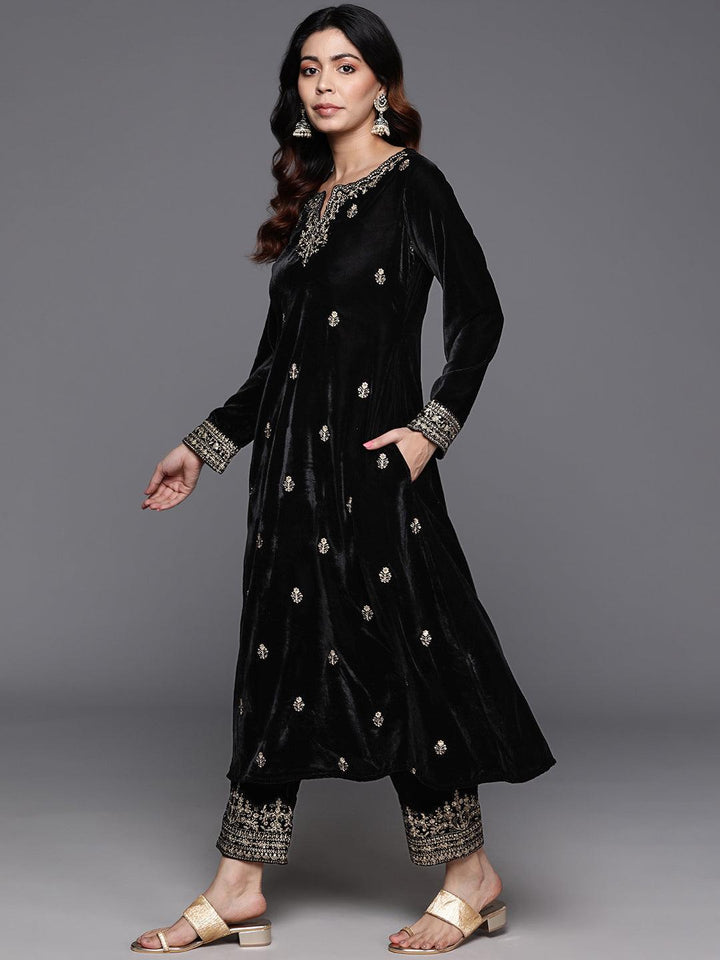 Black Embroidered Velvet A-line Kurta With Trousers & Dupatta - Libas