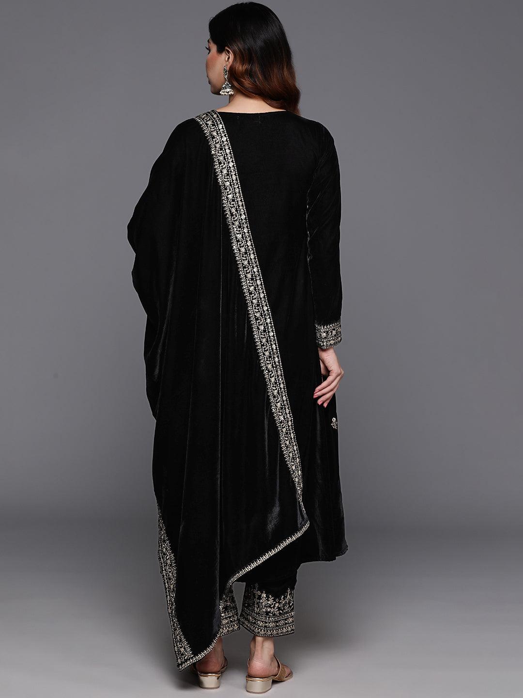 Black Embroidered Velvet A-line Kurta With Trousers & Dupatta - Libas