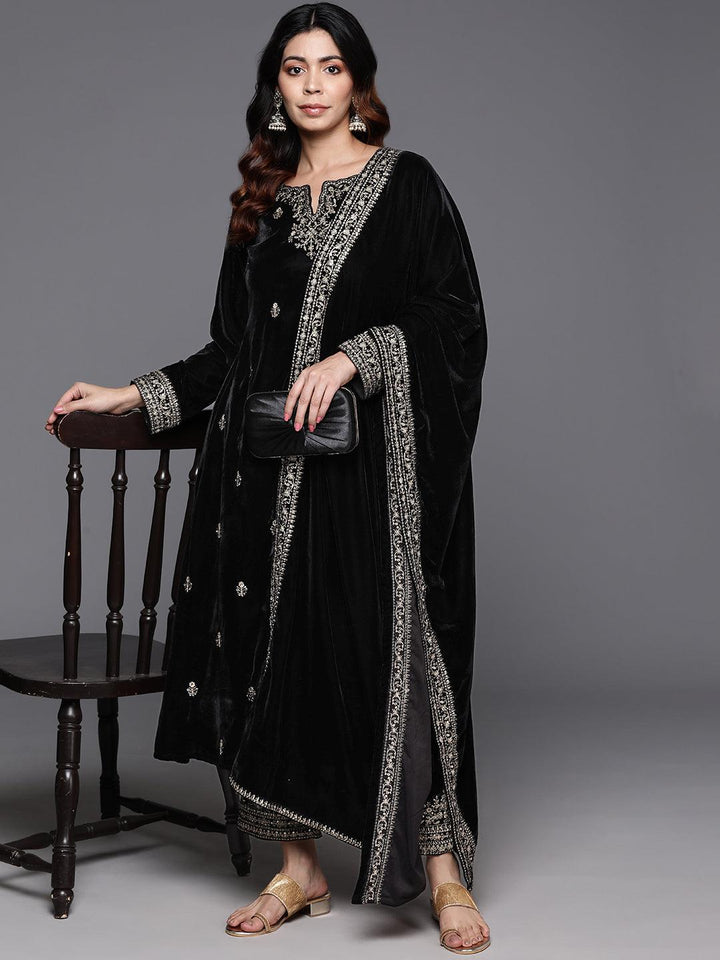 Black Embroidered Velvet A-line Kurta With Trousers & Dupatta - Libas