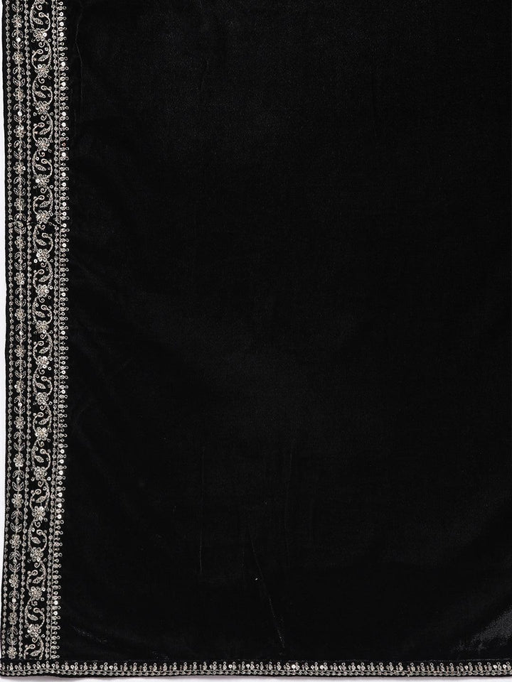 Black Embroidered Velvet A-line Kurta With Trousers & Dupatta - Libas