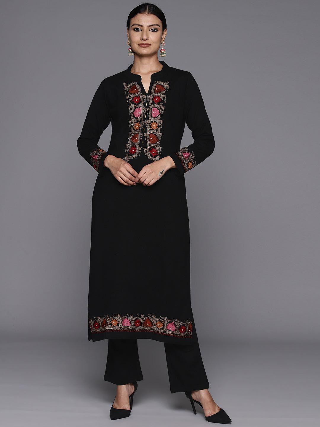 Black Yoke Design Wool Straight Kurta With Trousers - Libas