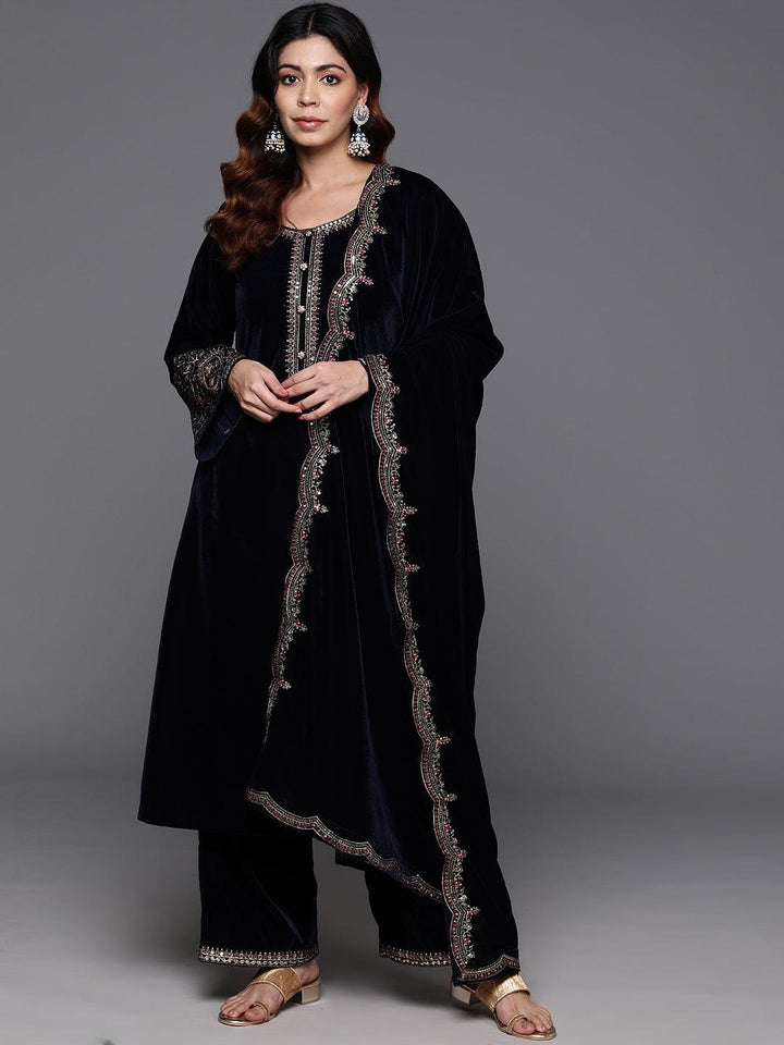 Navy Yoke Design Velvet A-Line Kurta With Palazzos & Dupatta - Libas