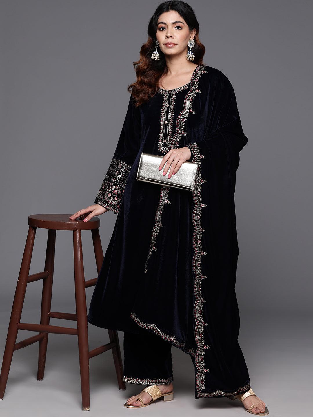 Navy Yoke Design Velvet A-Line Kurta With Palazzos & Dupatta - Libas