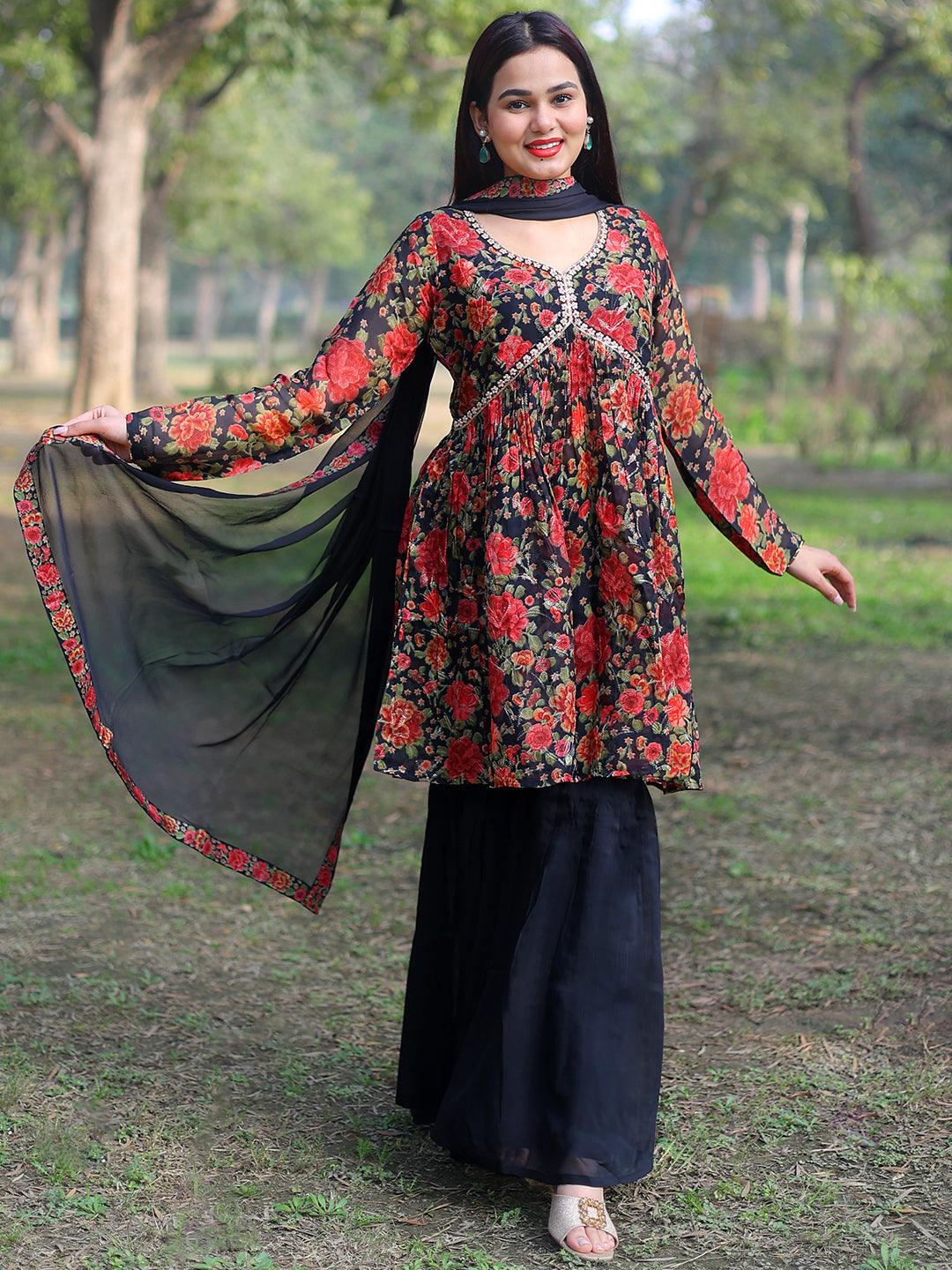 Black Printed Organza A-Line Sharara Suit Set With Dupatta - Libas