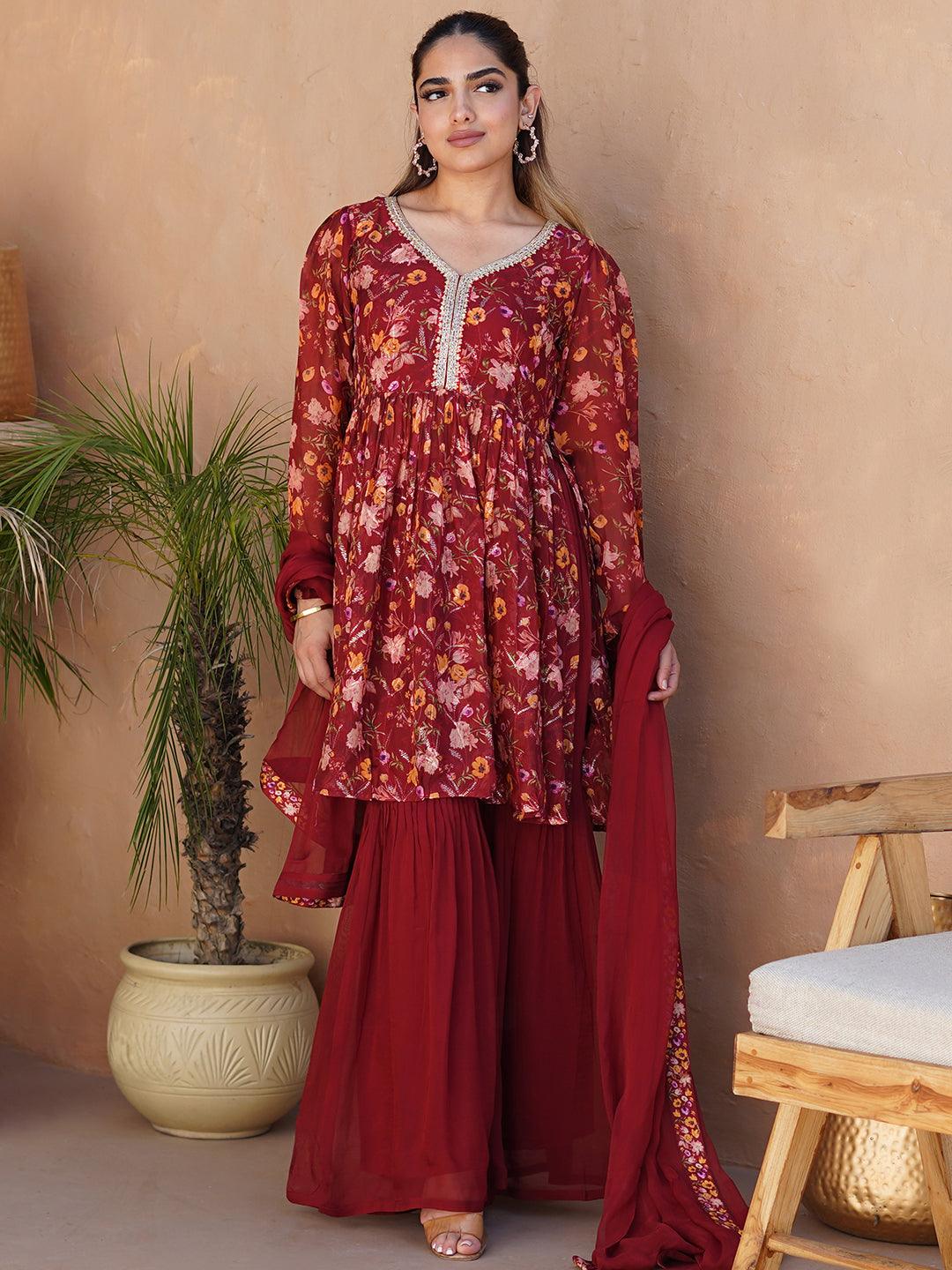 Maroon Printed Organza A-Line Sharara Suit Set With Dupatta - Libas 