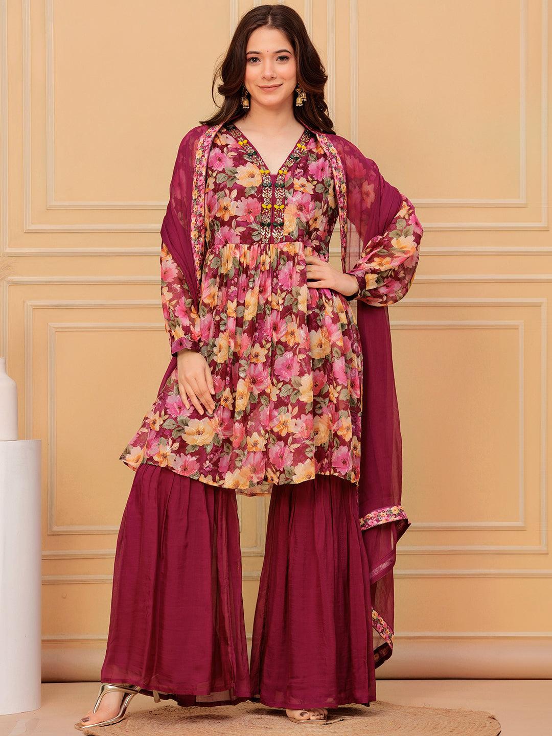 Maroon Printed Organza A-Line Sharara Suit Set With Dupatta - Libas