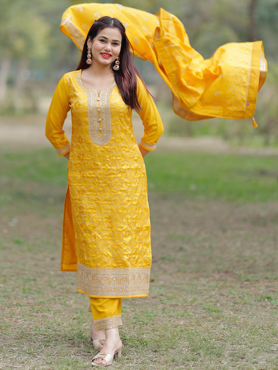 Buy Yellow Woven Design Silk Blend Straight Suit With Dupatta Online At ...