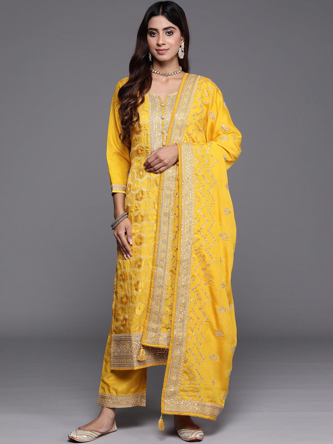 Yellow Woven Design Silk Blend Straight Suit With Dupatta - Libas