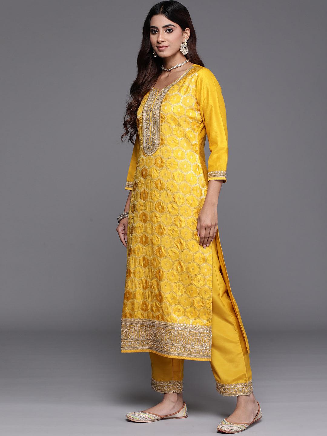 Buy Yellow Woven Design Silk Blend Straight Suit With Dupatta Online at ...