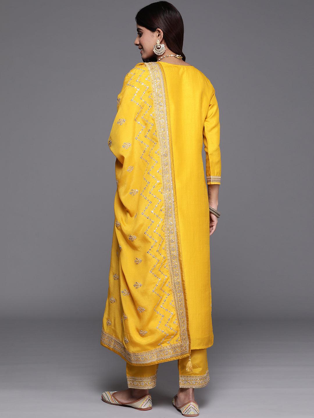 Yellow Woven Design Silk Blend Straight Suit With Dupatta - Libas