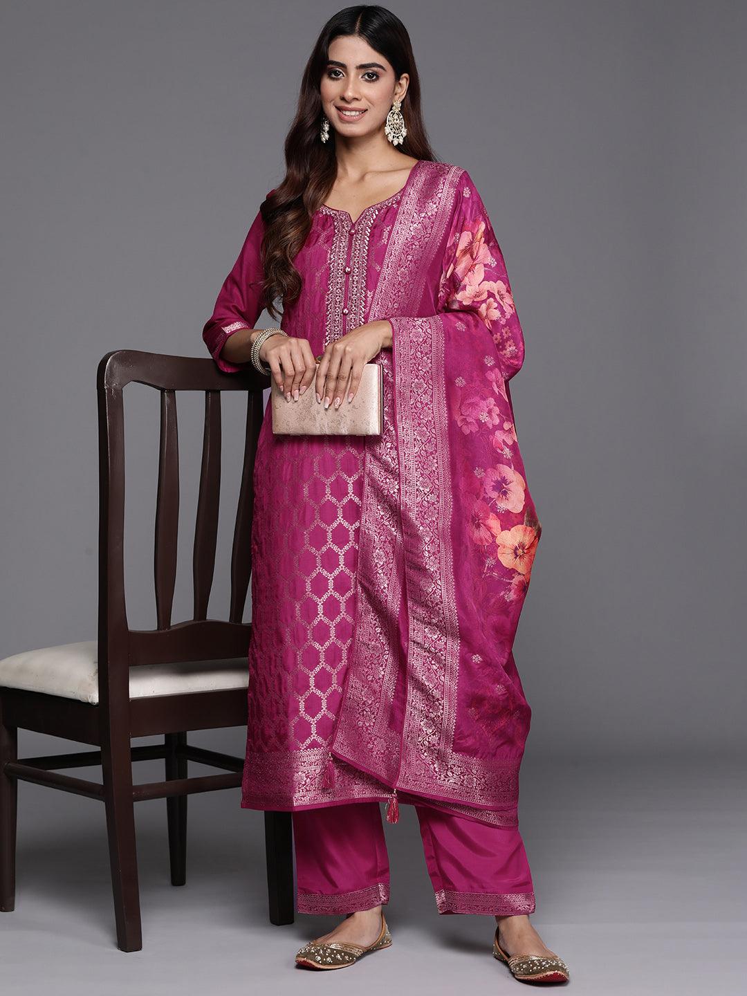 Buy Magenta Woven Design Silk Blend Straight Suit With Dupatta Online ...