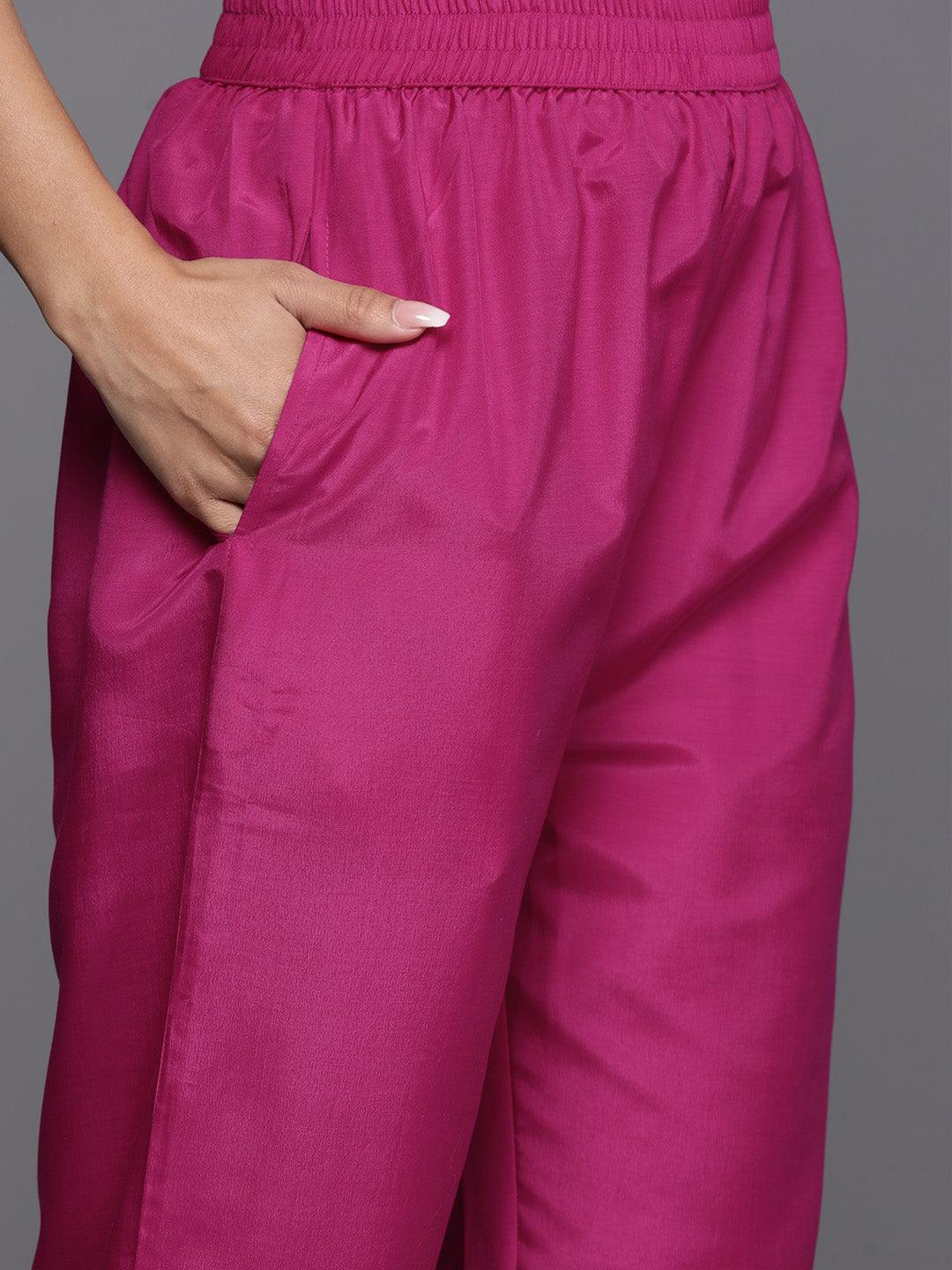 Magenta Woven Design Silk Blend Straight Suit With Dupatta - Libas