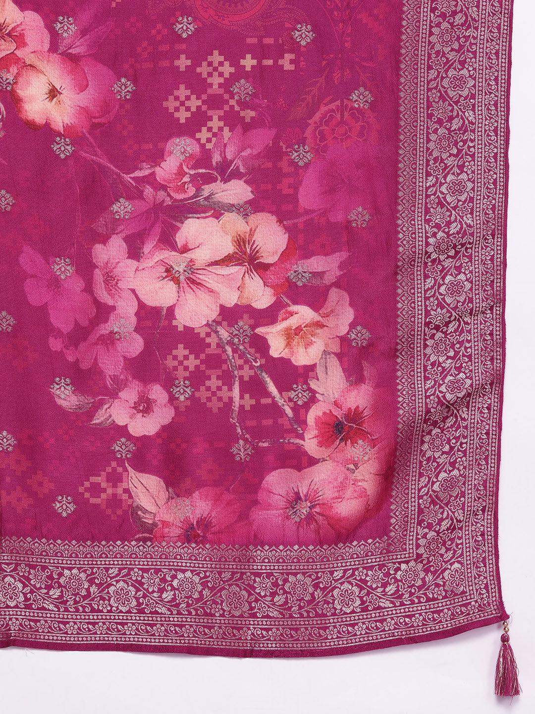 Magenta Woven Design Silk Blend Straight Suit With Dupatta - Libas