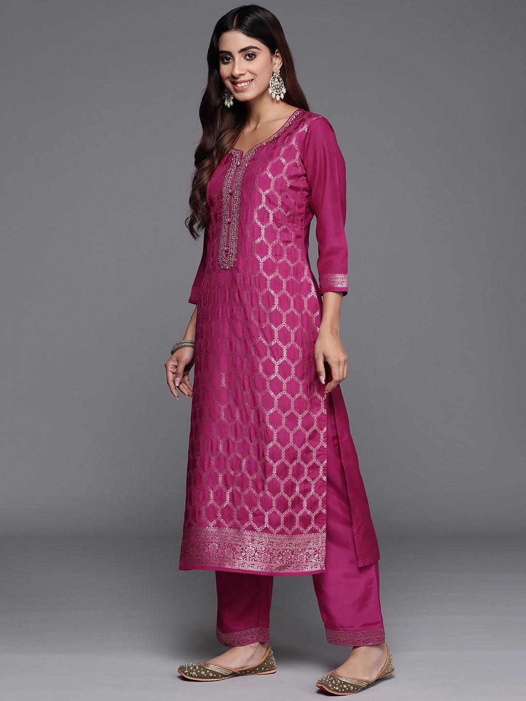 Magenta Woven Design Silk Blend Straight Suit With Dupatta - Libas