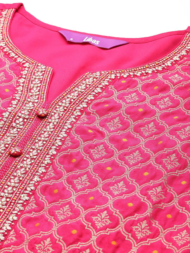 Pink Woven Design Silk Blend Straight Suit With Dupatta - Libas