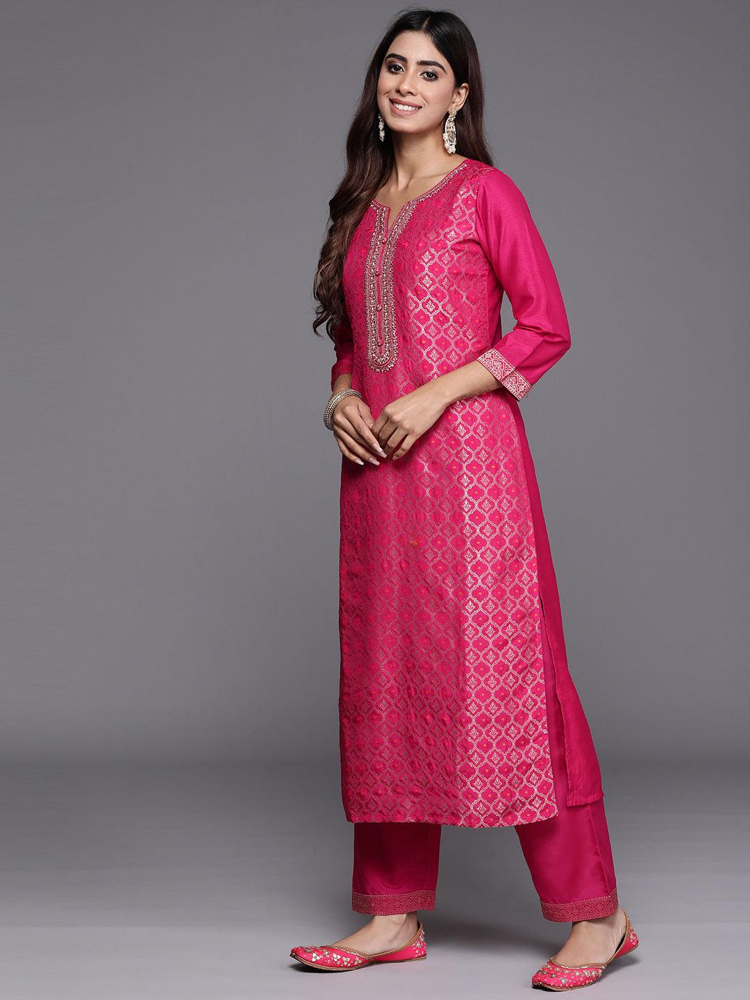 Pink Woven Design Silk Blend Straight Suit With Dupatta - Libas