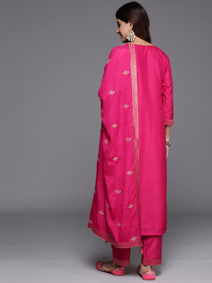 Pink Woven Design Silk Blend Straight Suit With Dupatta - Libas