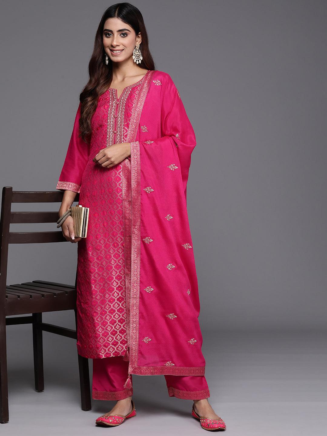 Pink Woven Design Silk Blend Straight Suit With Dupatta - Libas