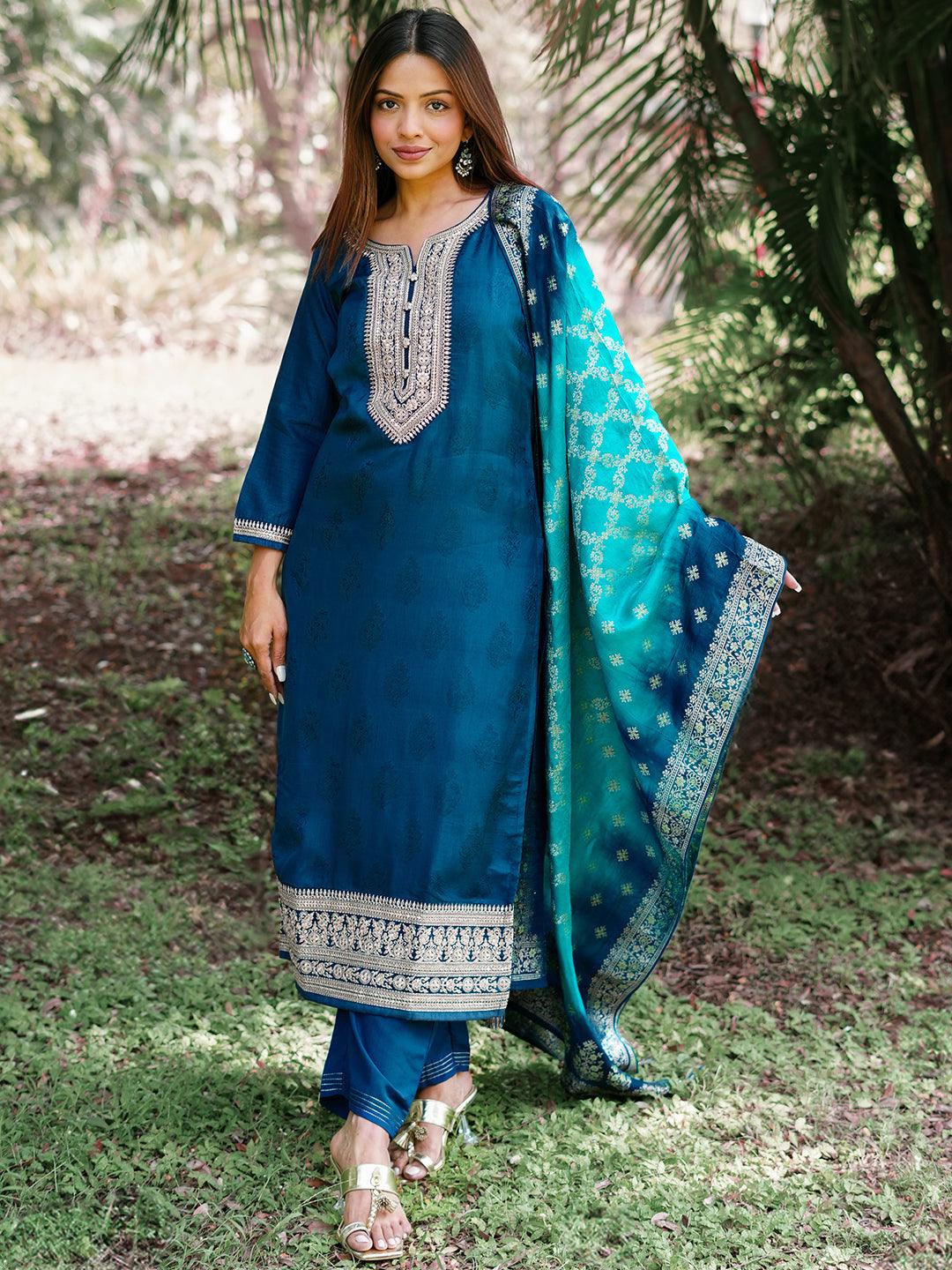 Teal Yoke Design Silk Blend Straight Suit With Dupatta - Libas 