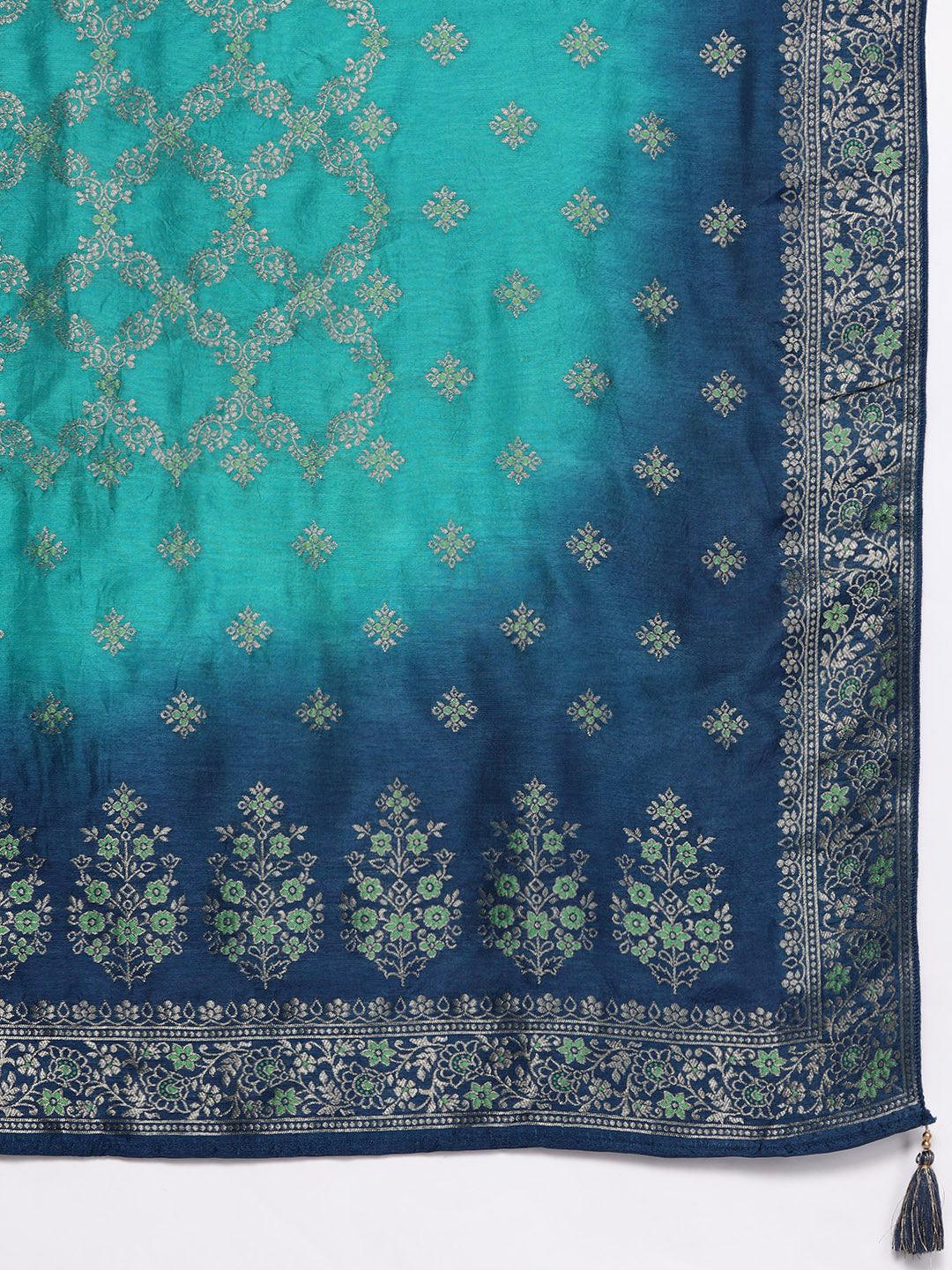 Teal Yoke Design Silk Blend Straight Suit With Dupatta - Libas 