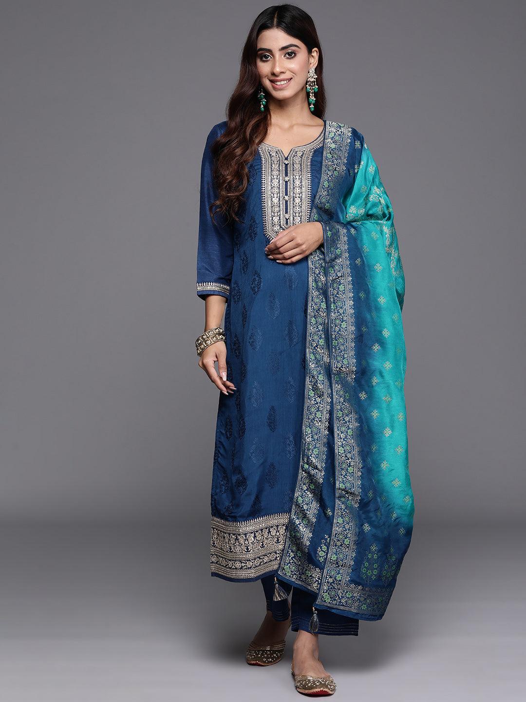 Teal Yoke Design Silk Blend Straight Suit With Dupatta - Libas 