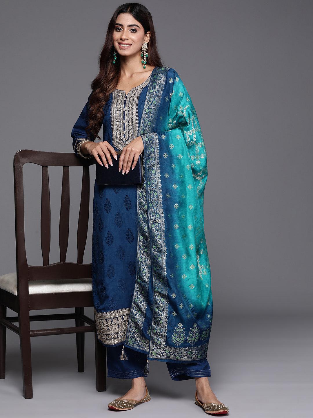 Teal Yoke Design Silk Blend Straight Suit With Dupatta - Libas