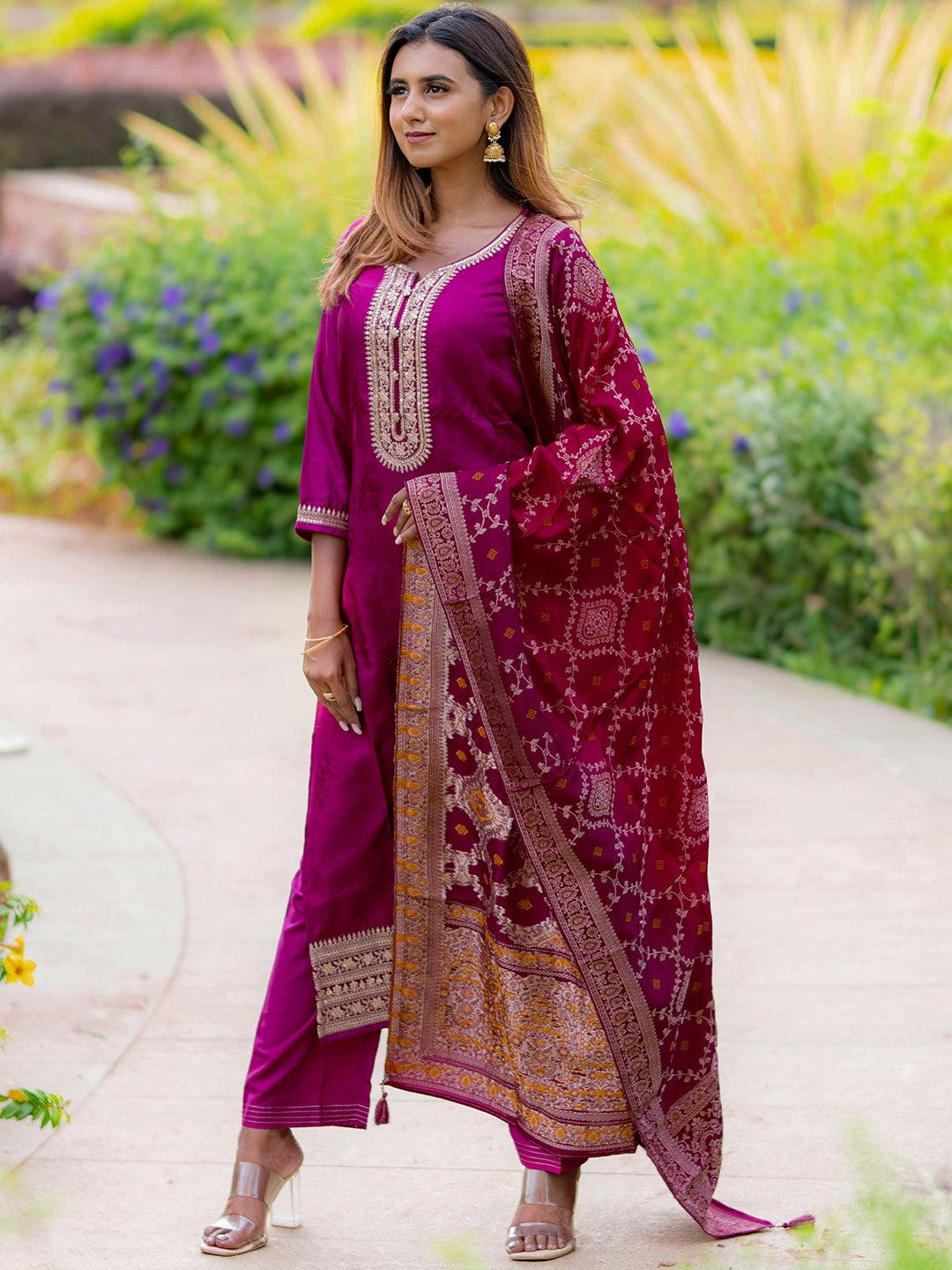 Maroon Yoke Design Silk Blend Straight Suit With Dupatta - Libas