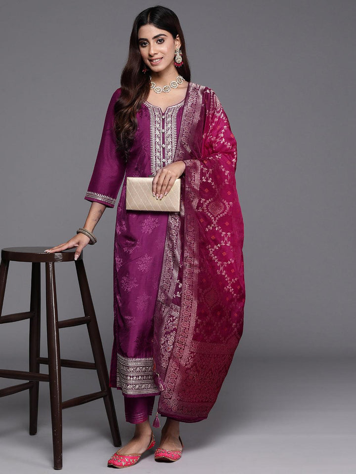 Maroon Yoke Design Silk Blend Straight Suit With Dupatta - Libas