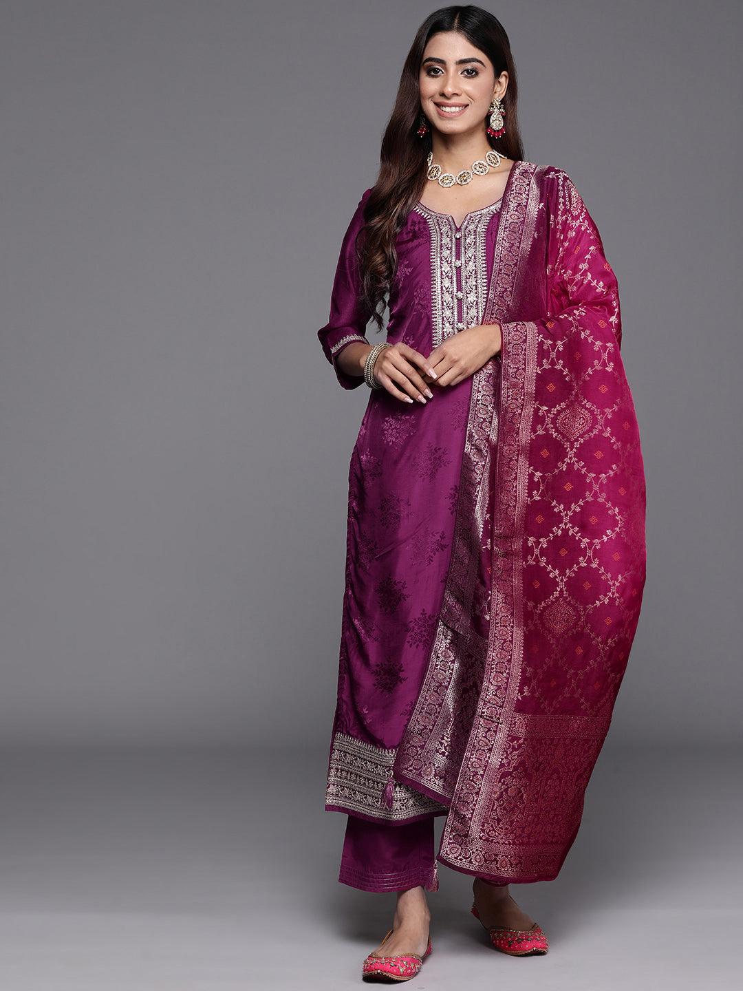 Maroon Yoke Design Silk Blend Straight Suit With Dupatta - Libas