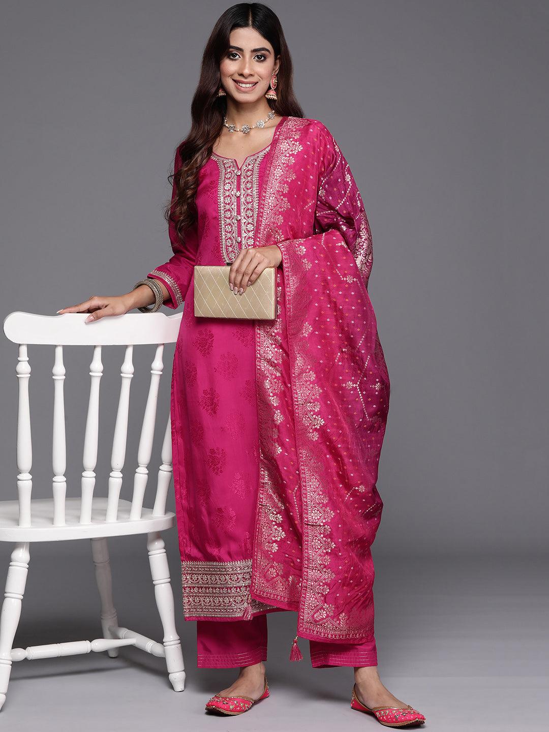 Pink Yoke Design Silk Blend Straight Suit With Dupatta - Libas