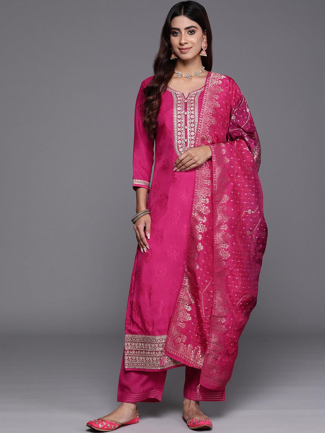 Buy Pink Yoke Design Silk Blend Straight Suit With Dupatta Online at Rs ...