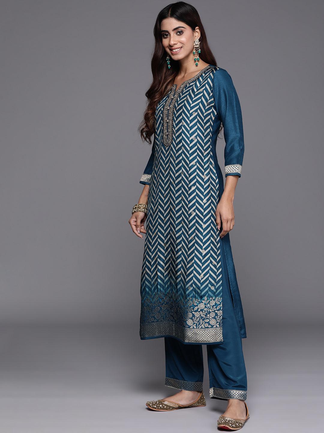 Teal Printed Silk Blend Straight Suit With Dupatta - Libas 