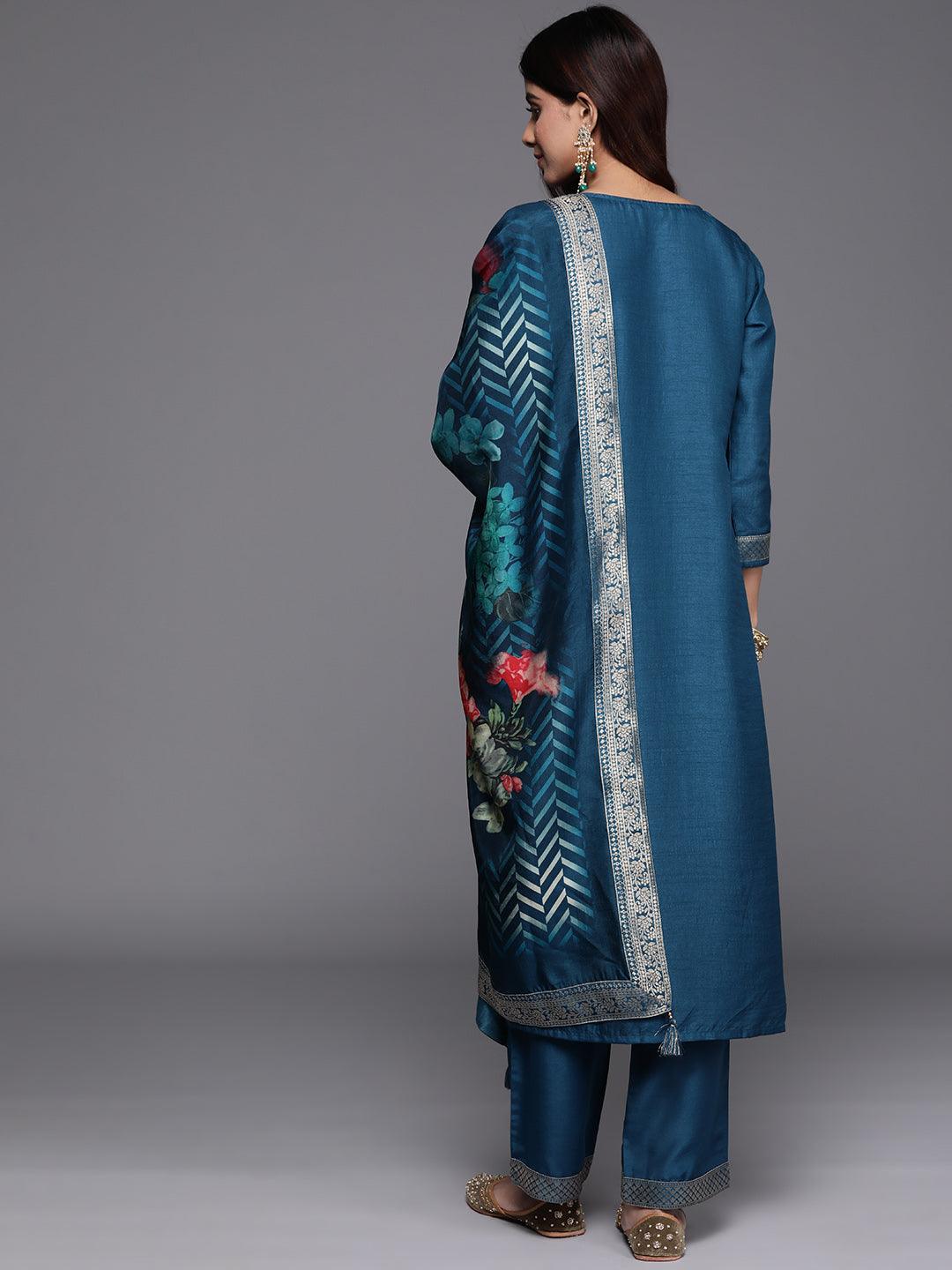 Teal Printed Silk Blend Straight Suit With Dupatta - Libas 