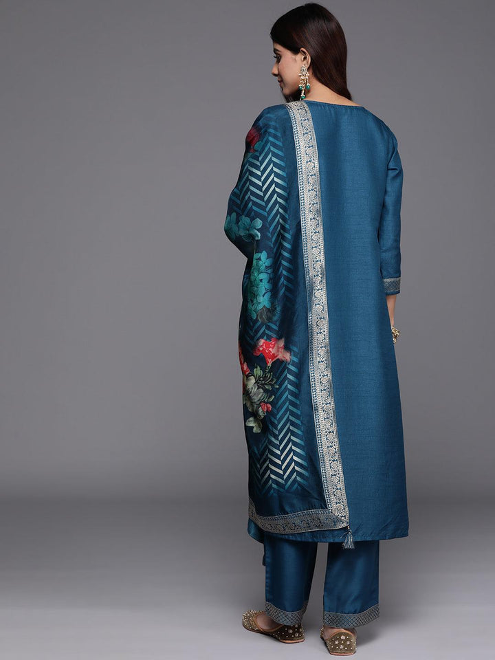 Teal Printed Silk Blend Straight Suit With Dupatta - Libas