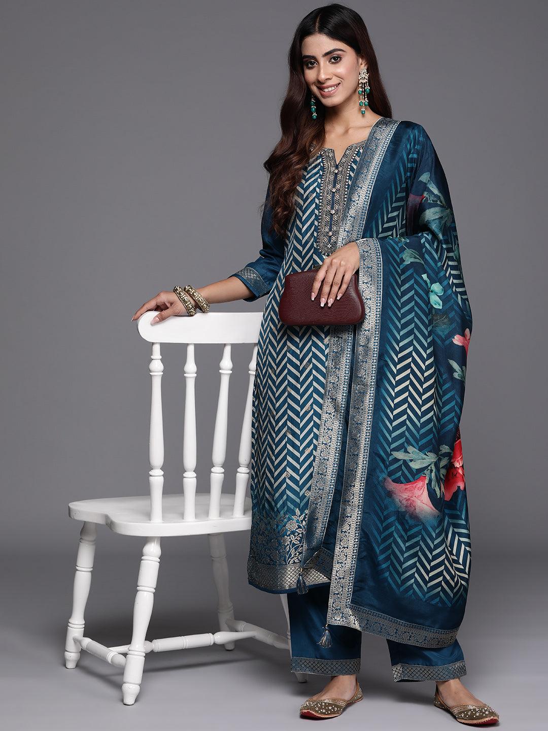 Teal Printed Silk Blend Straight Suit With Dupatta - Libas 